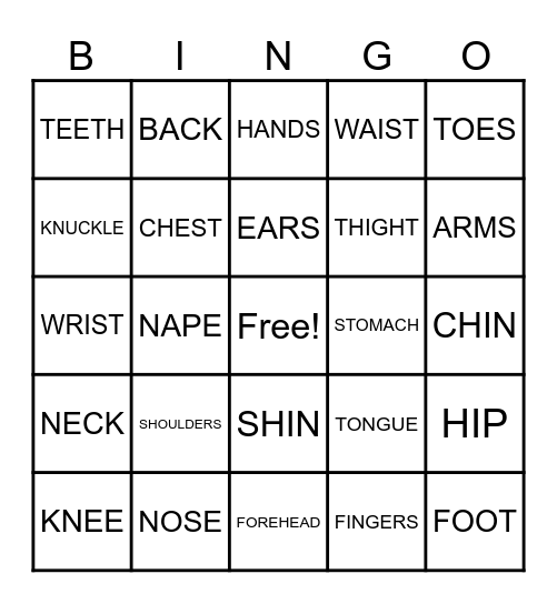 "Parts of the body" Bingo Card