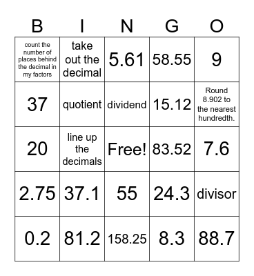Decimal Operations Bingo Card