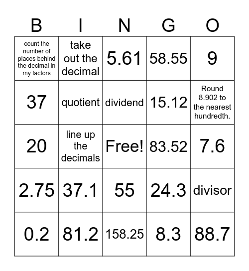 Decimal Operations Bingo Card