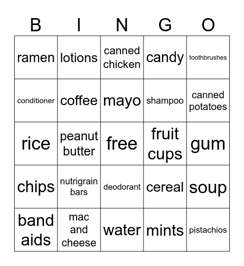 Pantry Bingo Card