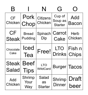 Dinner Bingo Card