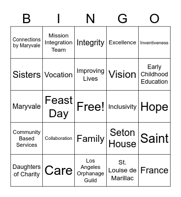 St. Vincent de Paul Bingo Card