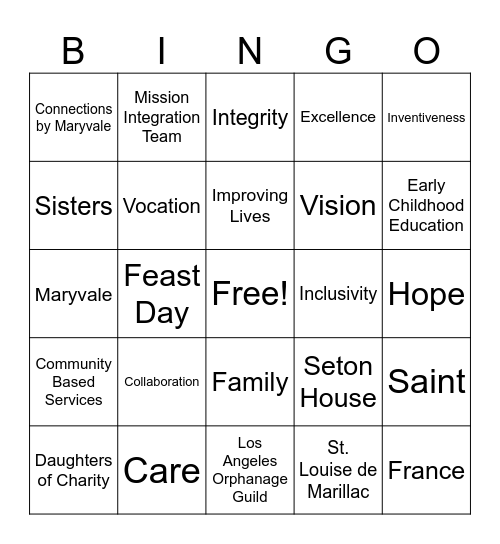 St. Vincent de Paul Bingo Card
