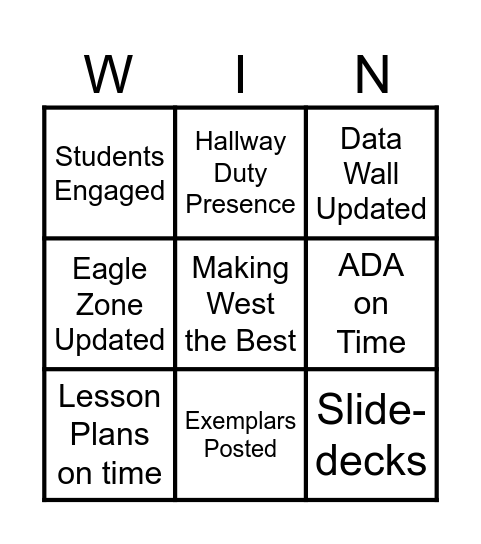 West Middle School Bingo Card