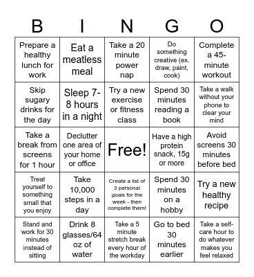 Healthy Habits Bingo Card