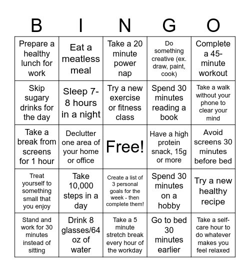 Healthy Habits Bingo Card