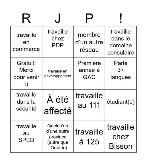 Réseautage express du RJP Bingo Card