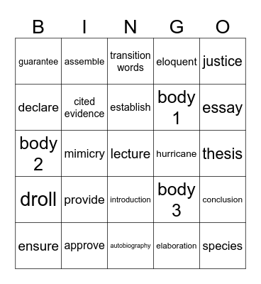 Vocabulary Bingo Card