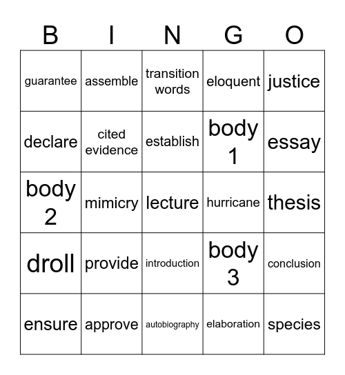 Vocabulary Bingo Card