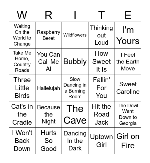 Singer Songwriter Bingo Card