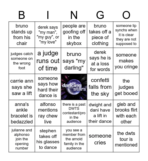 DWTS Oscar's Night BINGO Card