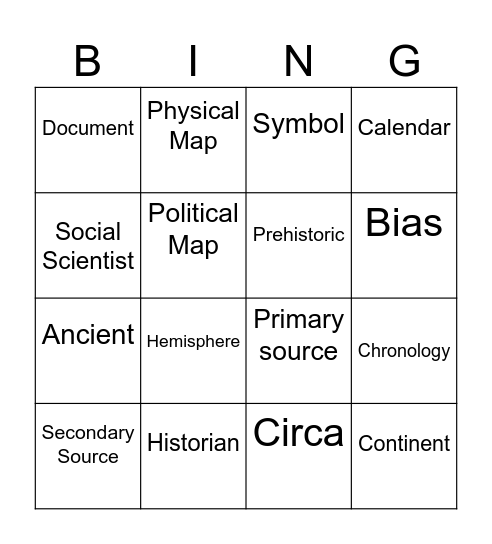 Unit 1 Vocab Bingo Card