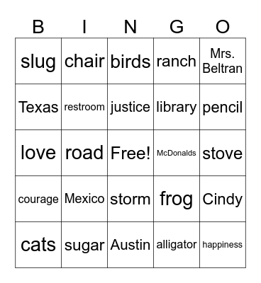 Nouns Bingo Card