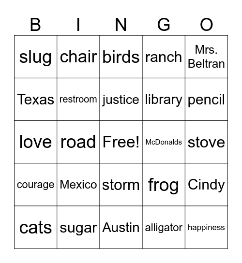 Nouns Bingo Card