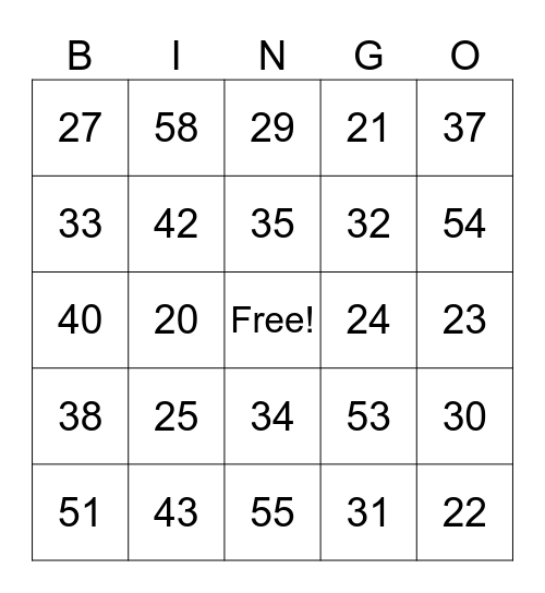 Numbers 21 through 59 Bingo Card