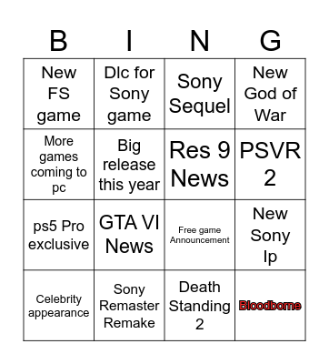 Sony state of play Bingo Card