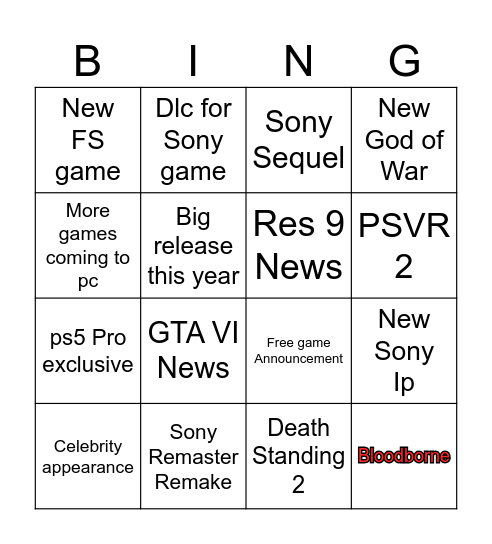 Sony state of play Bingo Card