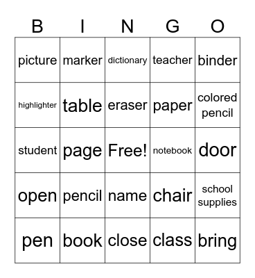 Things at School Bingo Card