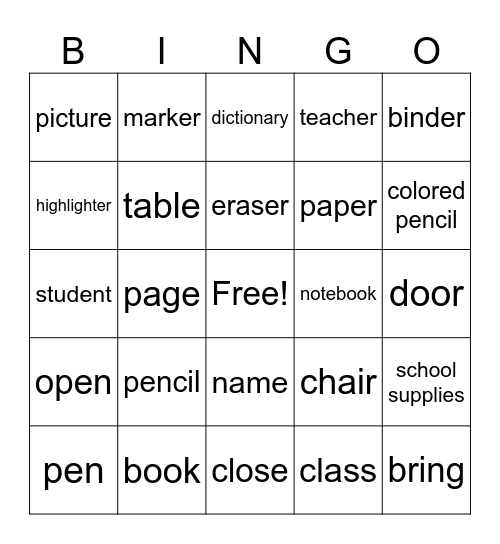 Things at School Bingo Card