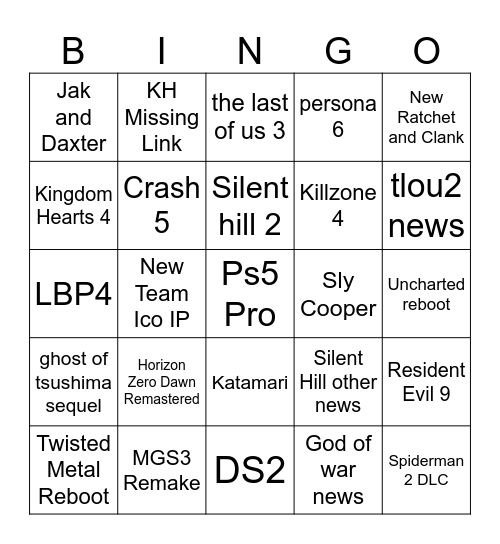 State of Play Bingo Card