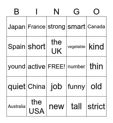 Countries Bingo Card