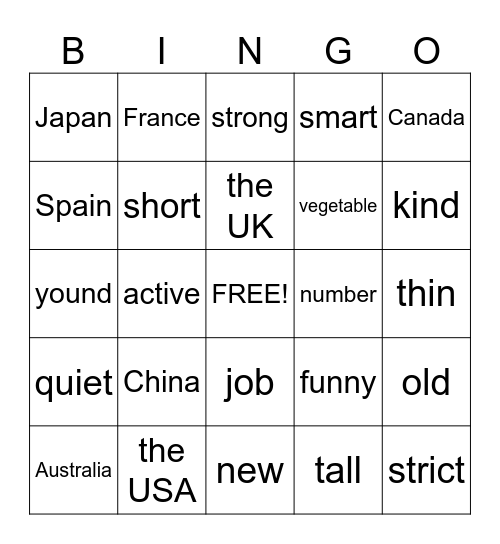 Countries Bingo Card