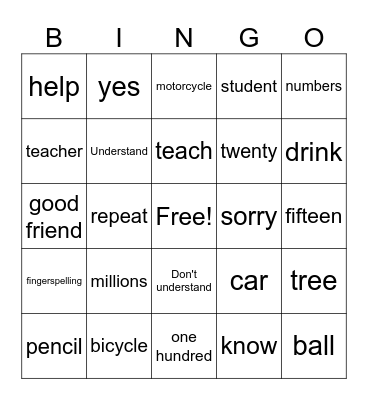 ASL Lessons 1-5 Bingo Card