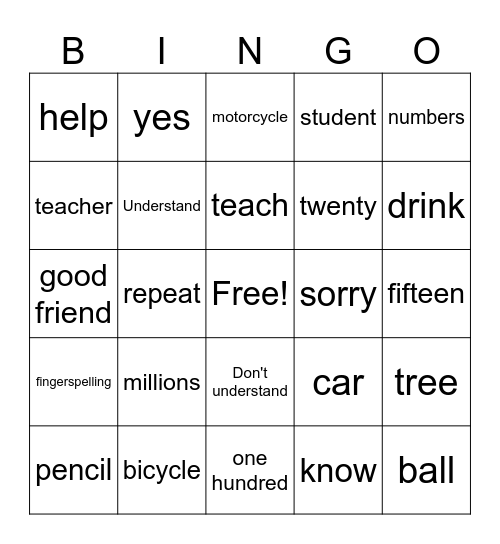 ASL Lessons 1-5 Bingo Card