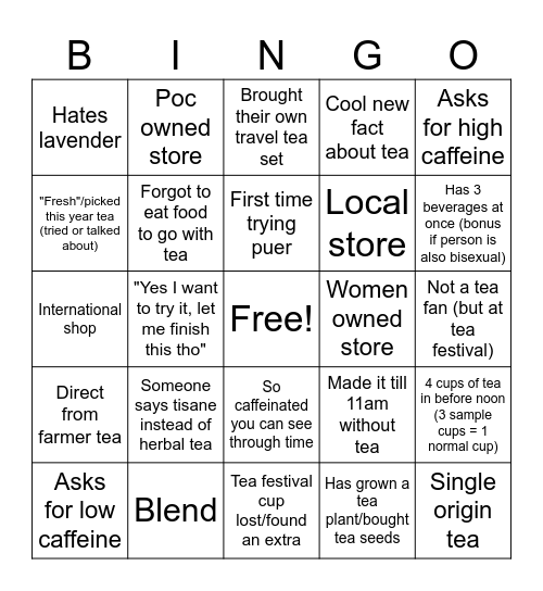 Tea festival Bingo Card