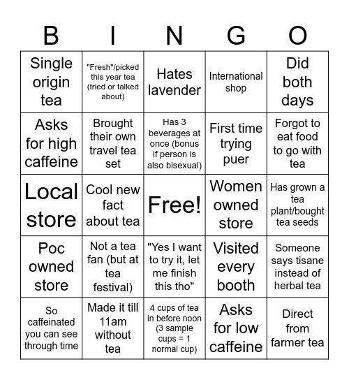 Tea festival Bingo Card