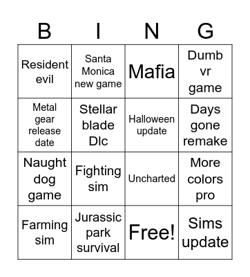 Playstation State of Play Bingo Card