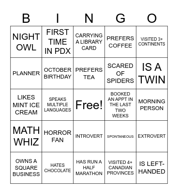 Health & Beauty Portland Bingo Card