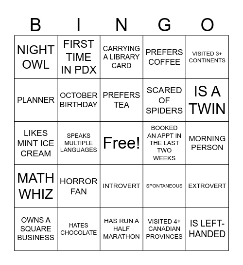 Health & Beauty Portland Bingo Card