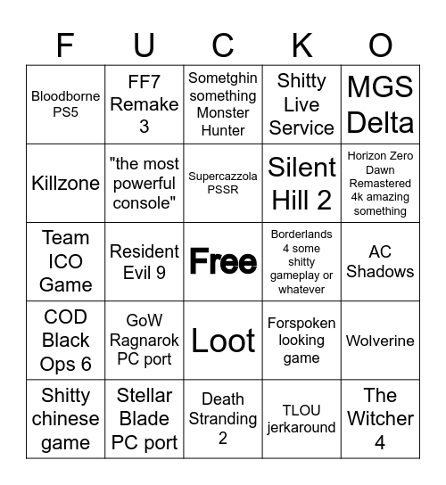 Shitty State of Play Bingo Card