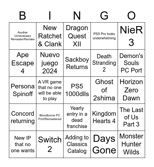 State of Play 2024 Bingo Card