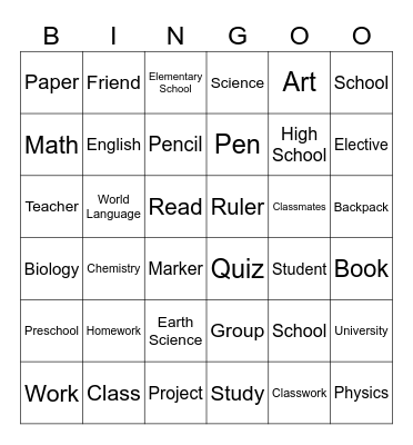 School Bingo Card