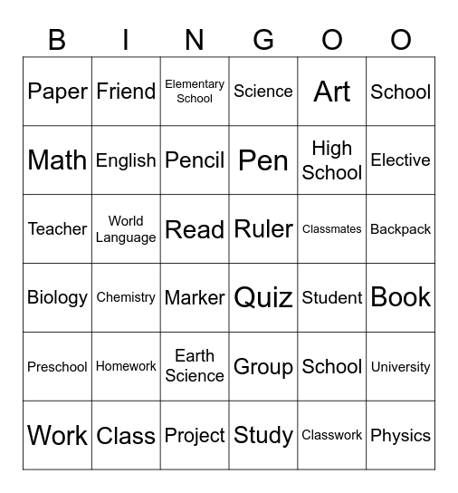 School Bingo Card