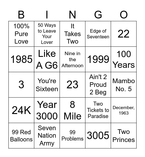 Numbers Bingo Card