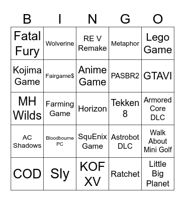 Sony State of Play Bingo Card