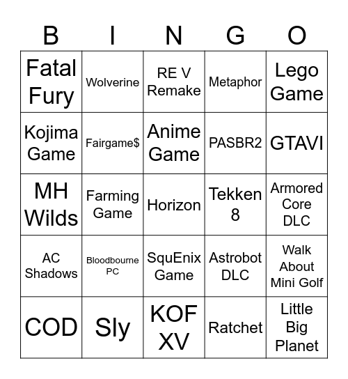 Sony State of Play Bingo Card