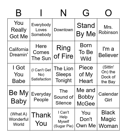 60s Bingo Card