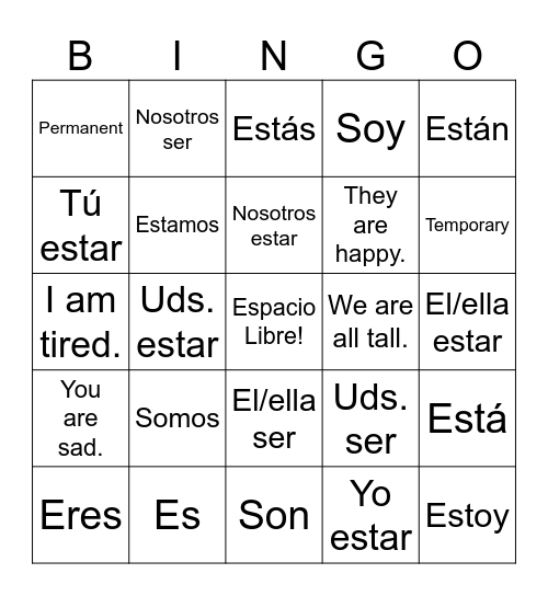 Ser y Estar Conjugation Practice Bingo Card