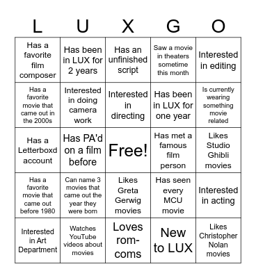 LUXGO Fall 2024 Bingo Card