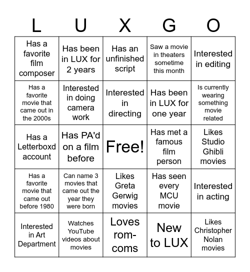 LUXGO Fall 2024 Bingo Card