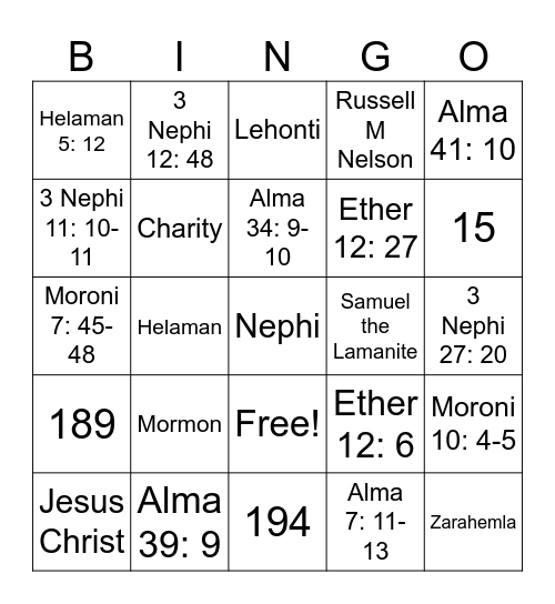 Book of Mormon Bingo Card