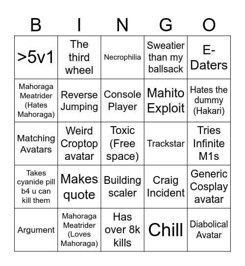 Jujutsu Shenanigans Bingo Card