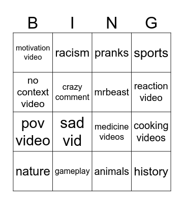 YOUTUBE Bingo Card