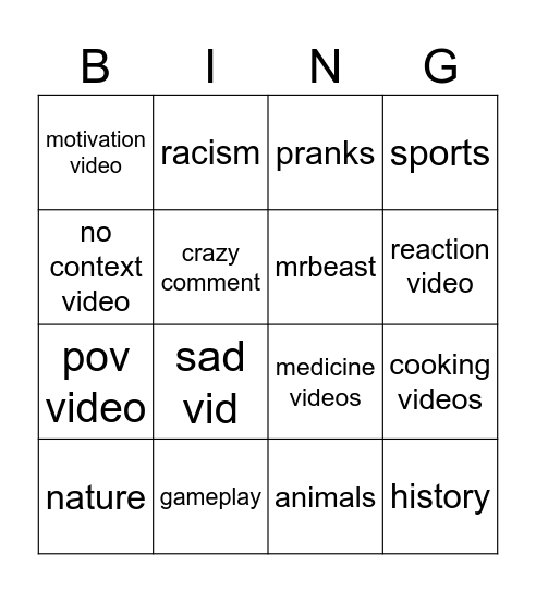 YOUTUBE Bingo Card