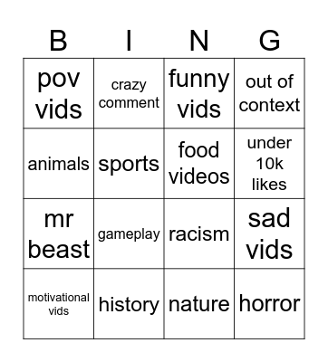 YOUTube Bingo Card