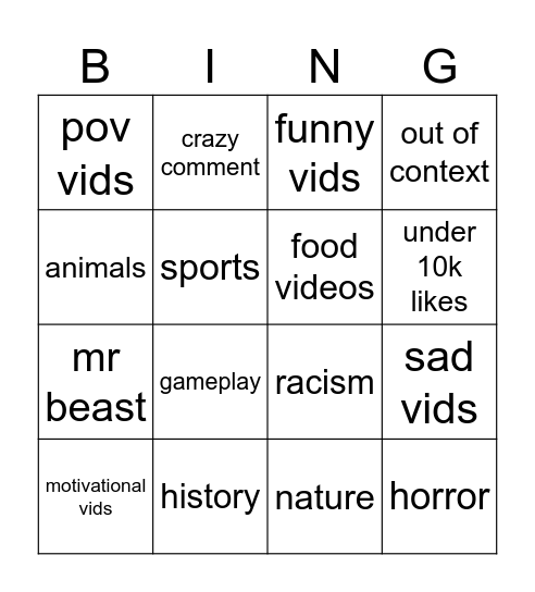 YOUTube Bingo Card